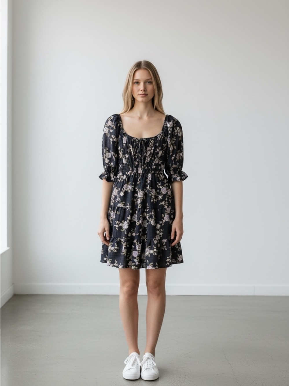 Mary & Mo Floral Smocked Mini Dress in Black. Size Small. NWT